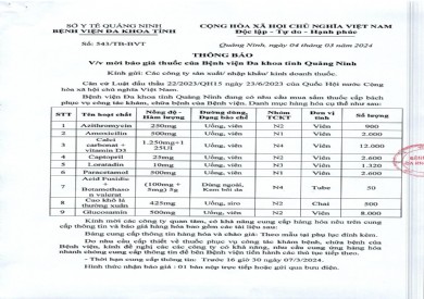 Mời báo giá thuốc của bệnh viện Đa khoa tỉnh Quảng Ninh (543)