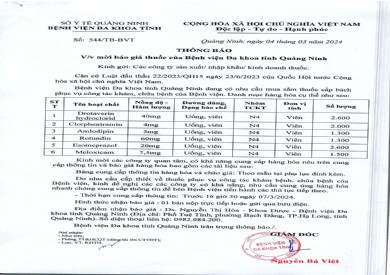 Mời báo giá thuốc của bệnh viện Đa khoa tỉnh Quảng Ninh (544)